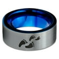 thumbnail image 2 of Tungsten Walking Trail Human Footprints Band Ring 8mm Men Women Comfort Fit Blue Flat Cut Brushed Gray Polished, 2 of 4