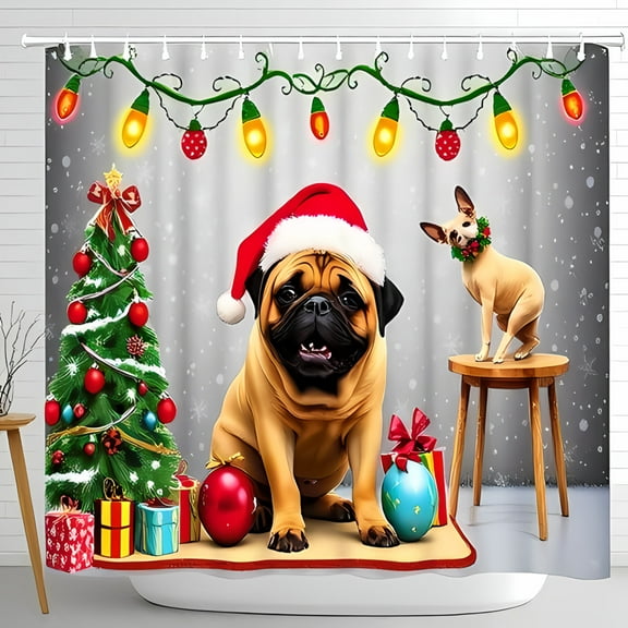 Festive Christmas Shower Curtain with Pug in Santa Hat Chihuahua on Stool Decorated Tree & Snowflakes