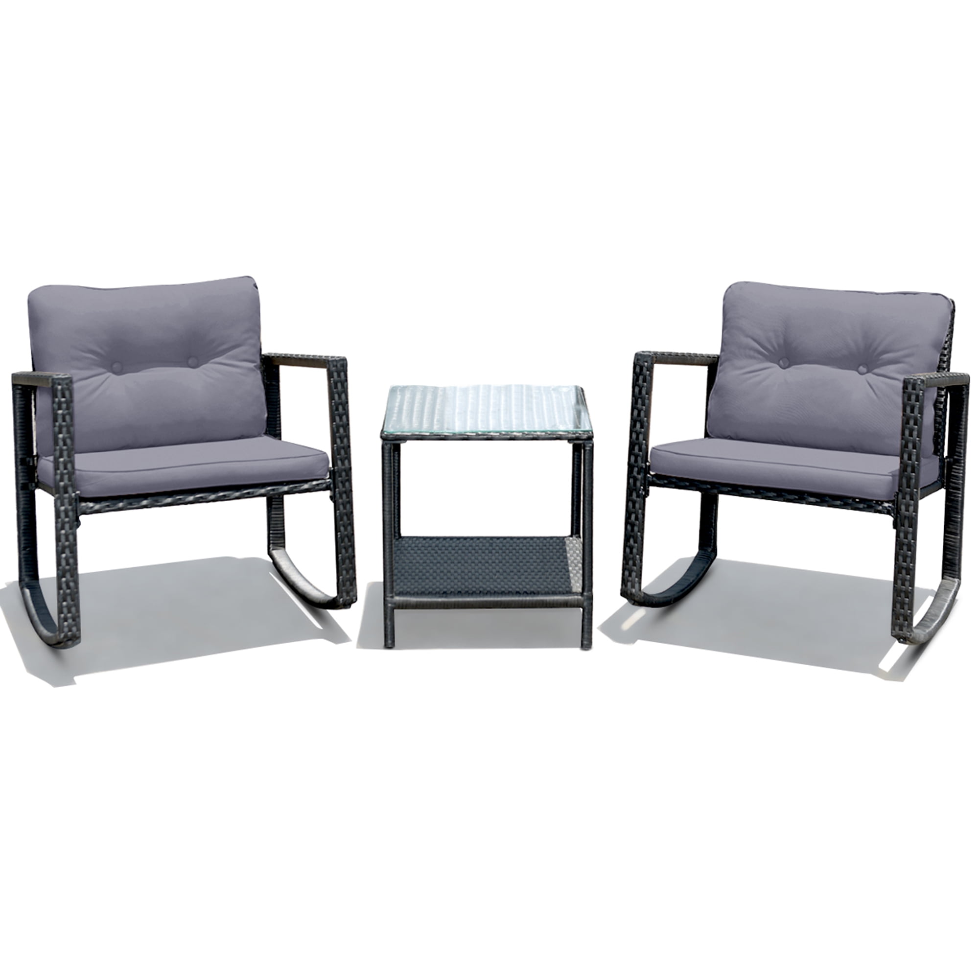 Gymax 3PCS Rattan Rocking Chair Table Set Patio Furniture Set w/ Grey Cushions