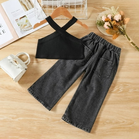 

NECHOLOGY Toddler Kids Baby Girls Ribbed Vest T Shirt Tops Denim Jeans Long Pants 2PCS Outfits Clothes Set Baby Stretch Wrap Childrenscostume Black 5-6 Years