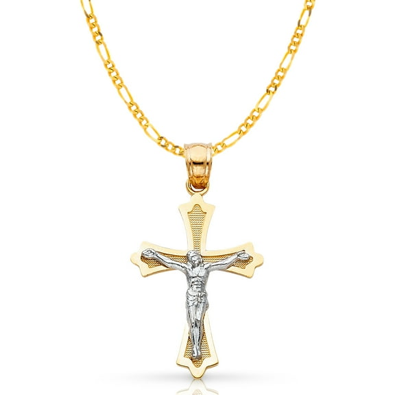 14K Two Tone Gold Jesus Crucifix Cross Pendant with 1.9mm Figaro 3 1 Chain Chain Necklace