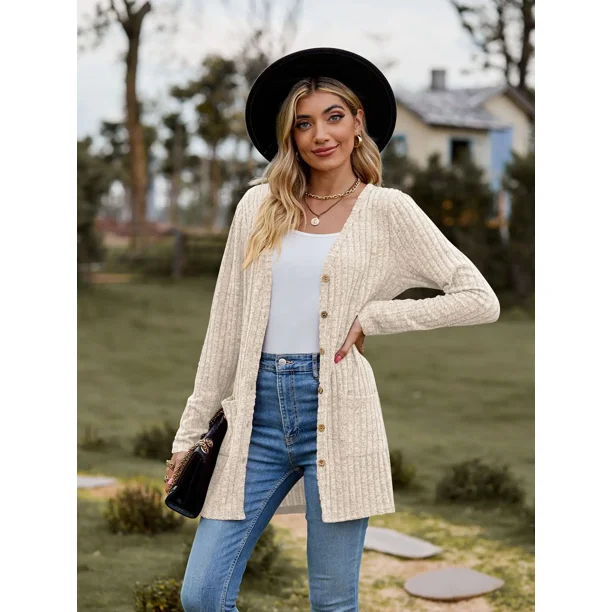 Chaqueta de manga larga con cuello en V para mujer, cárdigan con botones de color sólido, extensiones informales, Otoño, novedad