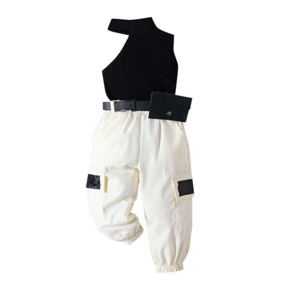 Bagilaanoe 2pcs Toddler Baby Girl Long Pants Set Sleeveless Tank Tops Cargo Trousers with Waist Bag 12M 18M 24M 3T 4T 5T Kids Casual Outfits