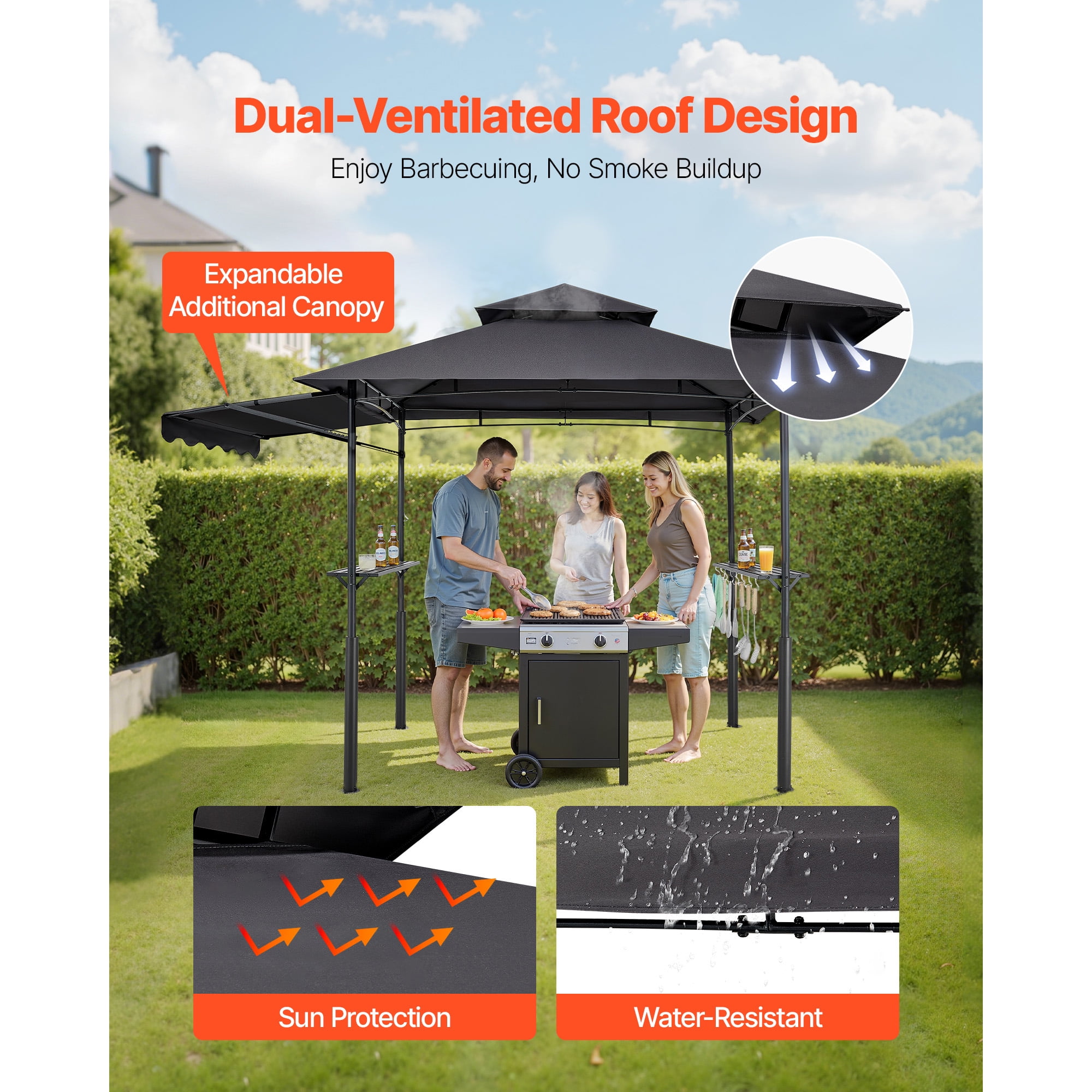 KFFKFF Grill Gazebo, 8 x 5 ft with Dual-Layer Roof, Sturdy BBQ Shelter Featuring Extended Awning, Steel Frame with Side Shelves & Hooks, Outdoor Canopy for Patio or Garden Cooking