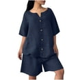 thumbnail image 6 of Sakmal Plus Size Womens Cotton Linen Shorts Sets Wide Leg 2 Piece Outfits Blue Casual Solid Womens Shorts with Pockets, 6 of 9