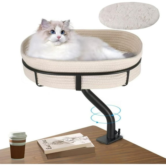 Cat Desk Bed - 360° Rotating Mount Attachment - Space-Saving Cats Hammock for Home Office/Computer Desks, Washable All-Season Indoor Pet Nest - Comfortable Perch