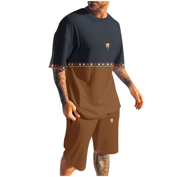 GERsome Color Block 2 Piece Outfits for Men Summer Lounge Sets Short Sleeve Crew Neck Tops and Shorts Tracksuits Sets S-4XL
