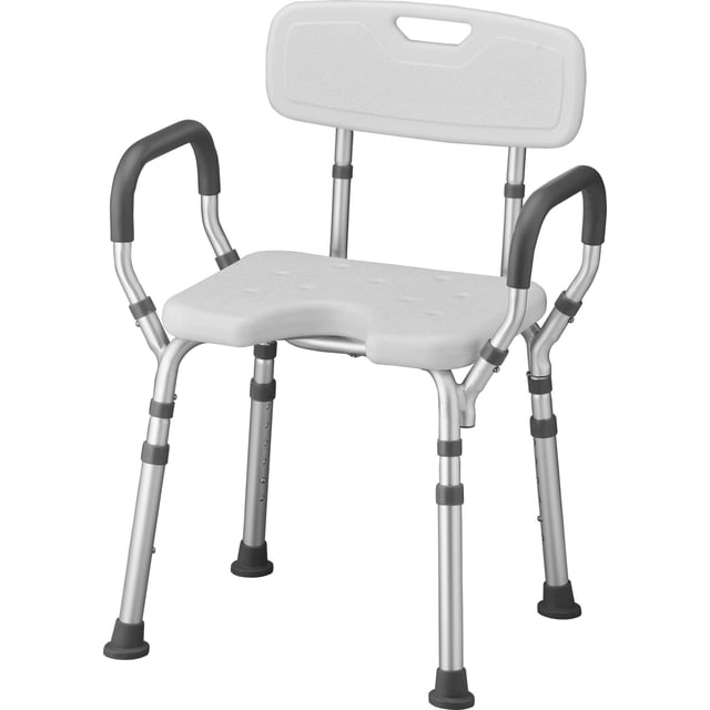 NOVA Medical Products Shower & Bath Chair with Back & Arms & Hygienic Design, White, 1 Count. This shower chair features a sturdy white plastic seat with a contoured design for comfort and hygiene, a supportive backrest, and padded armrests. The chair is equipped with adjustable aluminum legs and non-slip rubber feet for stability in wet environments, making it ideal for bathroom safety and home health care.