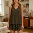 thumbnail image 7 of Women's V-Neck Sleeveless 2 Piece Casual Pajama Sets, Loose Flowy Tank Top & Ruffle Hem Elastic Shorts, Thin Lightweight All Season Wearable Daily Indoor | TruHer,Army Green L, 7 of 7