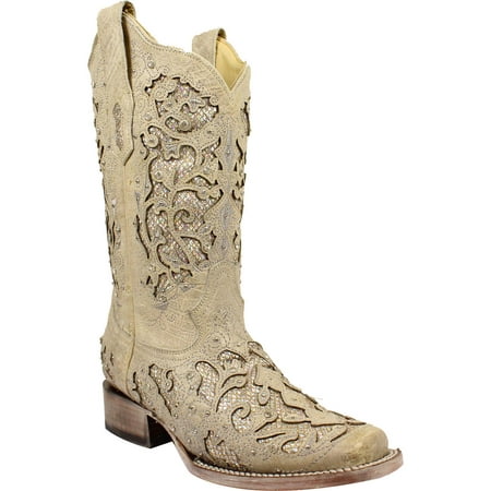 Corral Women's White Glitter And Crystals Cowgirl Boot Square Toe - A3397