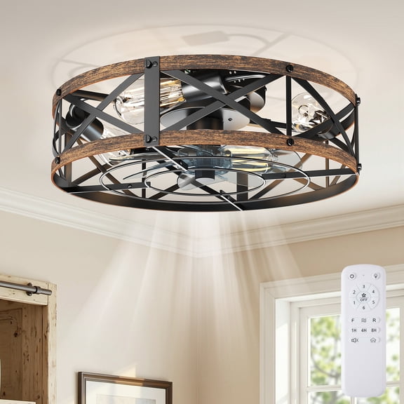 CONCETTA 19" Farmhouse Flush Mount Ceiling Fan with Lights, Quiet Bladeless Fandelier for Bedroom Kitchen, Remote Control Rustic Low Profile Caged Ceiling Fan, Gold