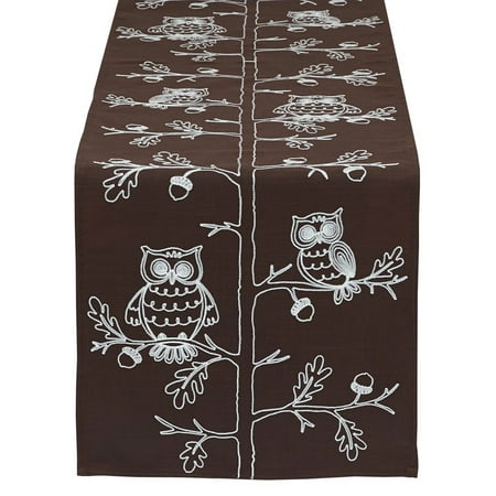 

70 Brown and White Embroidered Owls Rectangular Table Runner