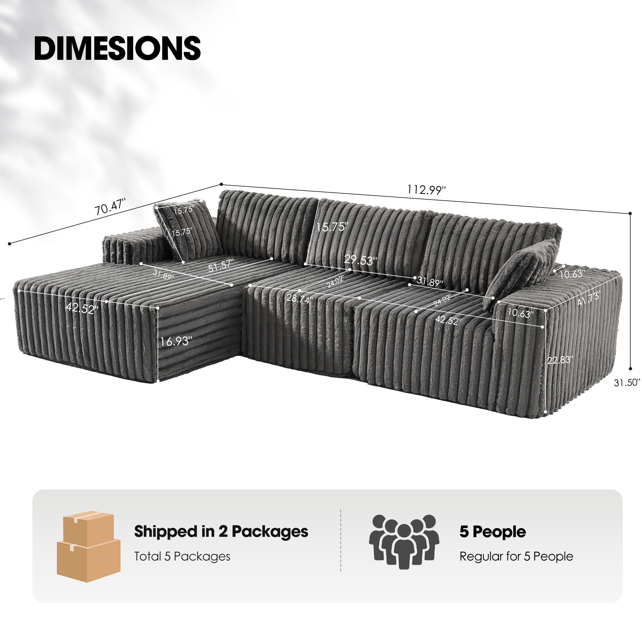 Techmilly 113” Cloud L-Shaped Sectional Couches,Modular Sofa with Deep Seat, Sponge Compression Sofas,Modern Modular L-Shape Sofa Couch with Chaise for Living Room Bedroom (Gray, Left Facing Chaise)