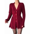thumbnail image 3 of Women'S Sweater Dress Button V-Neck Long Sleeve Knit A-Line Mini Dress Red XL, 3 of 9
