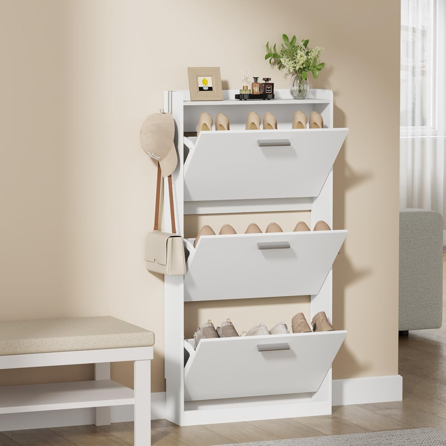 Shoe Cabinet Organizer with 3 Flip Drawers，Freestanding Shoe Rack Cabinet，Narrow Shoe Cabinet Storage for entryway，Foyer, Hallway, White, 23.6" W × 6.3" D × 47.2" H