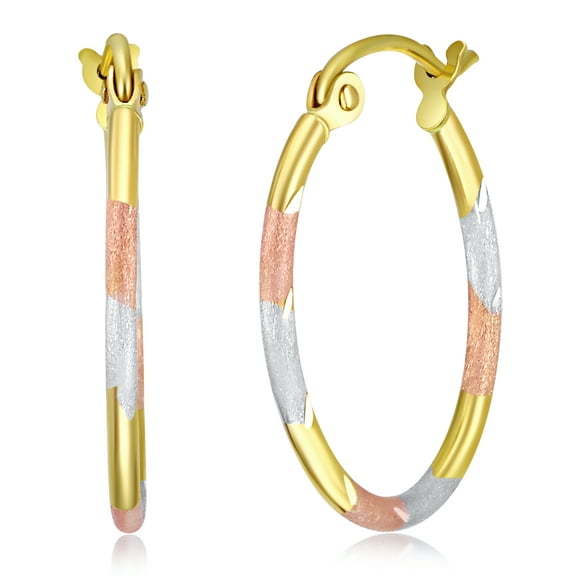 Wellingsale Ladies 14k Tri 3 Color Gold Polished Diamond Cut Satin 1.5mm Tube Oval Hoop Earrings (20 x 15 mm)
