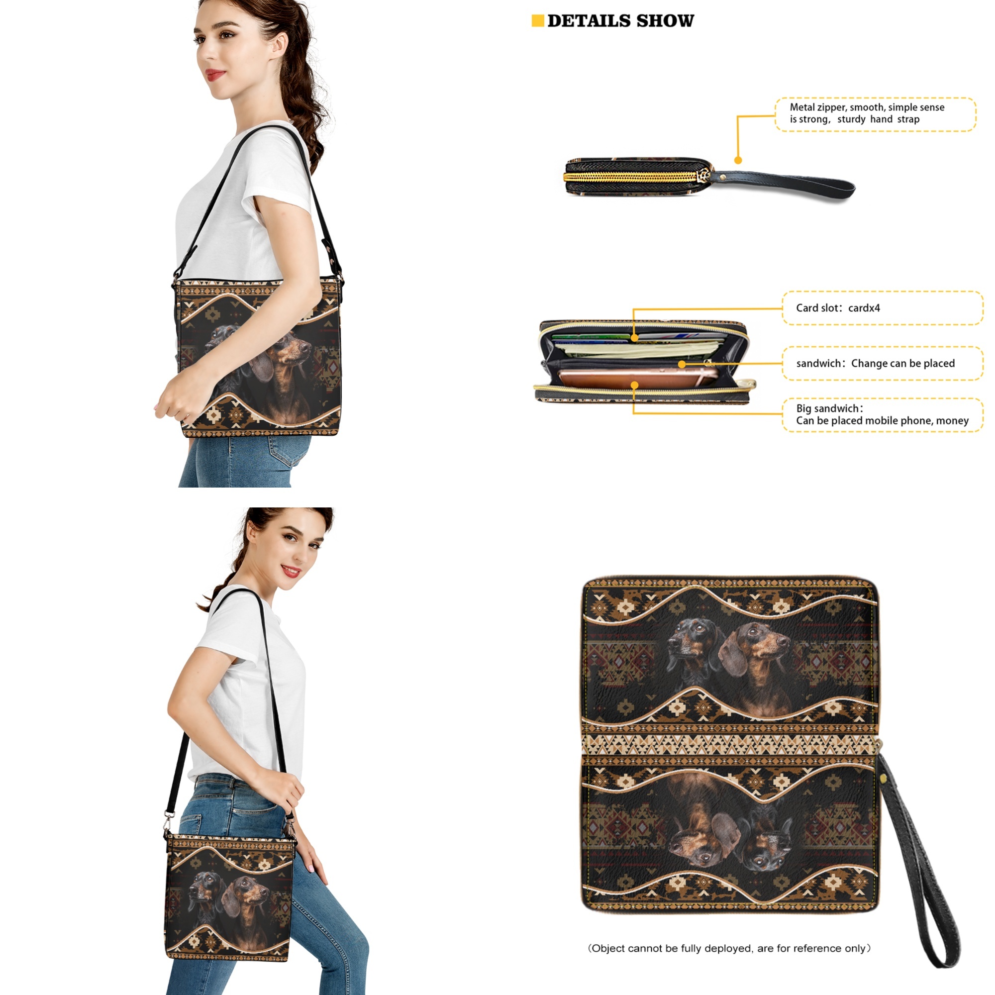 ZUXONGSY Aztec Dachshund Print Leather Crossbody Handbag with Wrist Wallet for Women Trendy Crossbody Hobo Bag with Wallet Set Large Bucket Crossbody Bag Set for Working