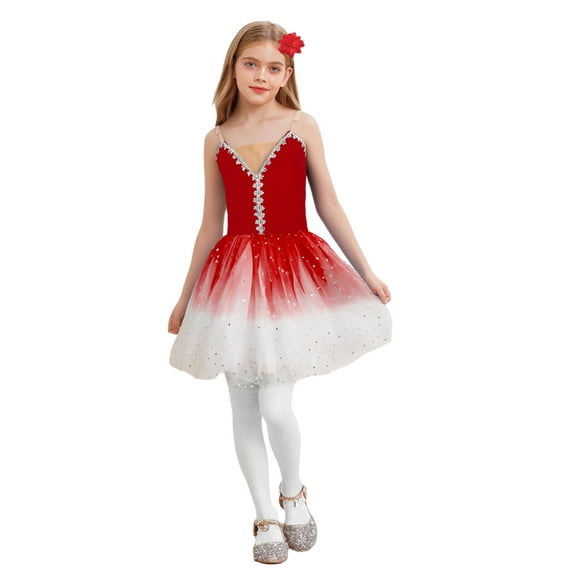 Haitryli Kids Girls Sparkly Strap Ballet Skirted Leotard Dance Tutu Dress Ballerina Performance Outfit and Headwear Red 7-8