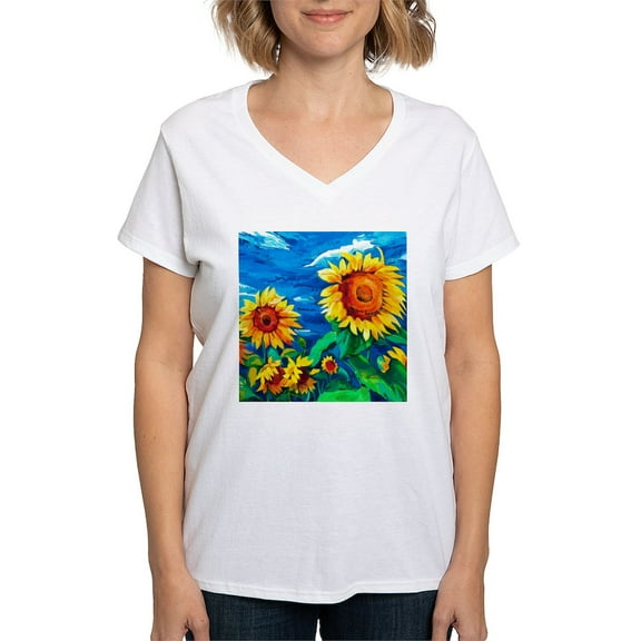 CafePress - Sunflowers Painting T Shirt - Womens Cotton V-Neck T-shirt