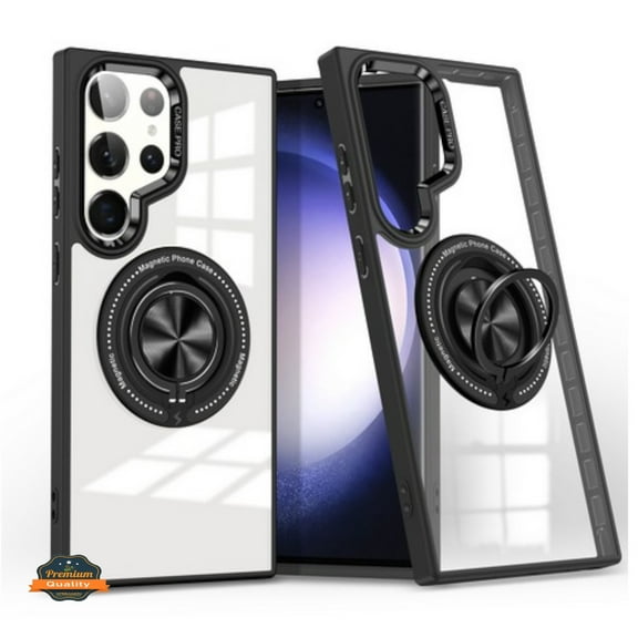 For Samsung Galaxy S24 Ultra 5G Clear Transparent Back Hybrid with Rotate Ring Stand & MagSafe Compatible Shockproof Slim TPU PC Phone Case Cover by Xpression - Black