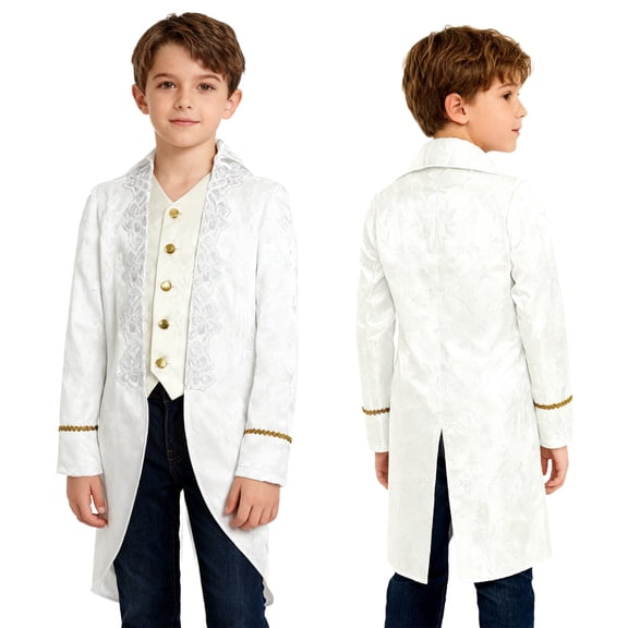 iiniim Boys Medieval Victorian Steampunk Jacket Renaissance Long Sleeve Embroidery Tailcoat White 12