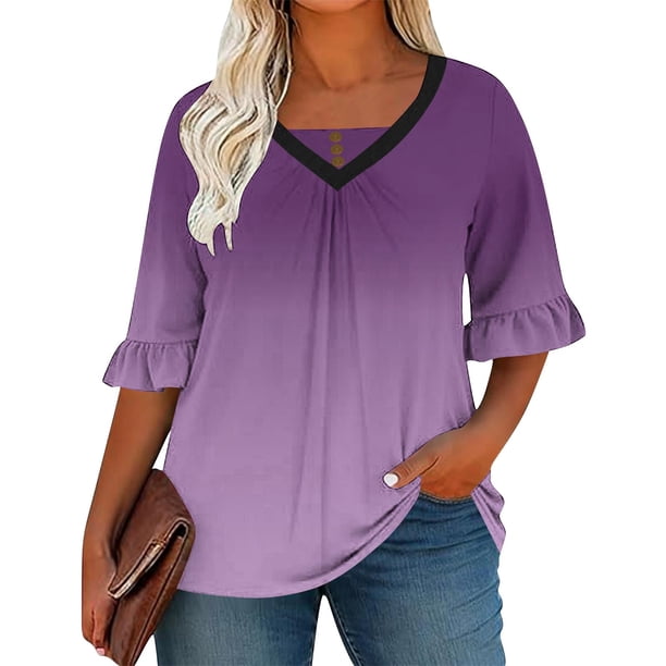 Camiseta de Manga Corta de Manga Larga de Manga Corta de las Mujeres Impresa con Cuello en V con Manga en el Pecho Plisada