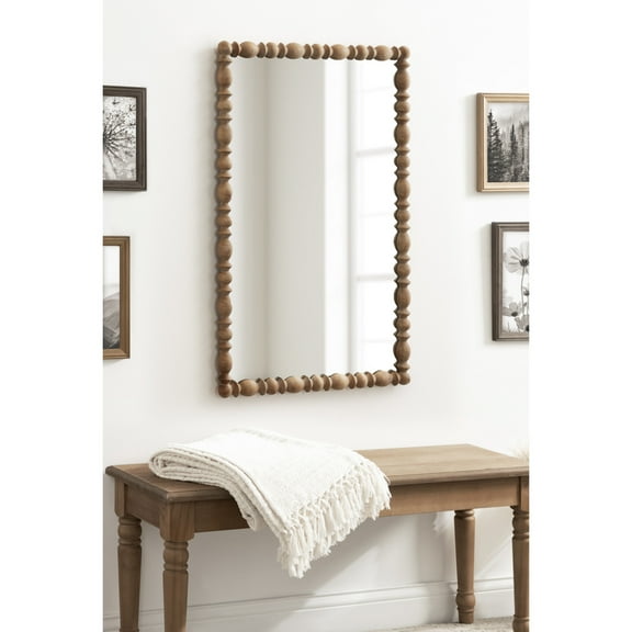 Kate and Laurel Prindle Turned Wood Beaded Rectangle Mirror, 23 x 34, Hazelnut, Vintage Coastal Rectangular Wall Mirror for Use as Fireplace Mantel Mirror Bathroom Mirror for Over Sink
