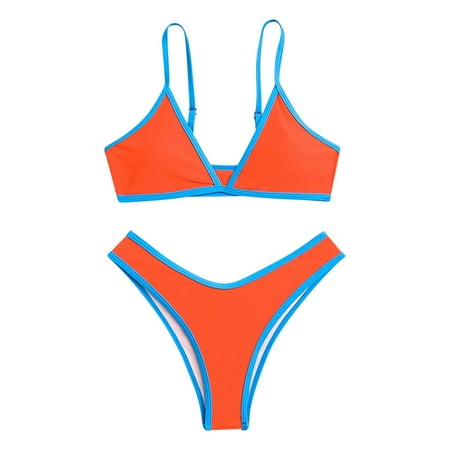 ylioge Swimsuits for Women Two Piece Bikini Bathing Suits Built in Bra Ladies Trendy Color-Block Low Waisted High-Cut Thongs Swimwear Sets Clearance