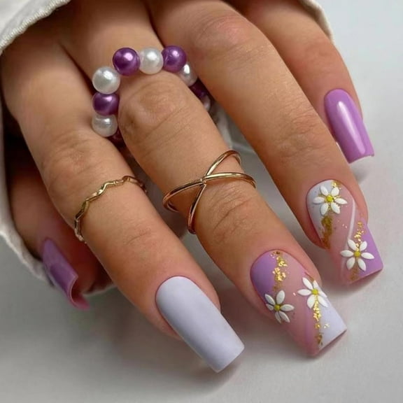 Glitter French Tip Press on Nails Flower Fake Nails Medium Square False Nails with Design Rhinestone Glue on Nails Glossy Acrylic Full Cover Nude Stick on Nails for Women Girls Manicure light purple