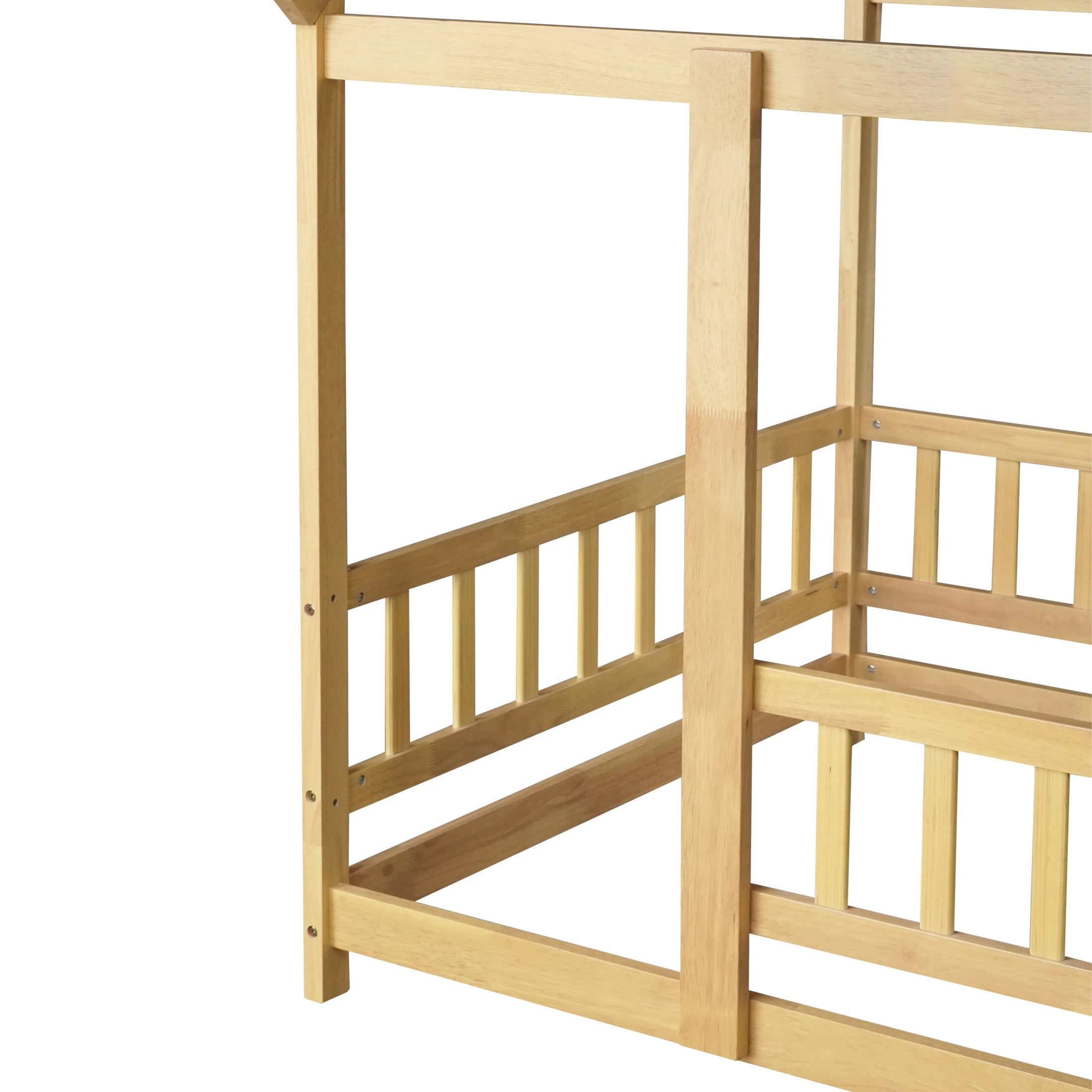 Noble House Travis Twin House Floor Bed with Roof Frame and Safety Fence, Sturdy Wood Montessori Bed, Natural