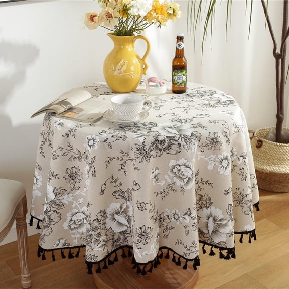 Peony Floral Print Tablecloth with , Cotton Boho Floral Round Tablecloth with Tassels, Washable Stain Resistant Fabric Table Cover for Kitchen Dinning Tabletop Home Decorations(120cm)