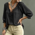 thumbnail image 6 of HaCpiu Women's Solid V-Neck Ruffle Blouse, Casual Loose 3/4 Sleeve Tie-Front Tunic Top, Lightweight Flowy Shirt with Elastic Ruffled Cuffs, Black L, 6 of 6