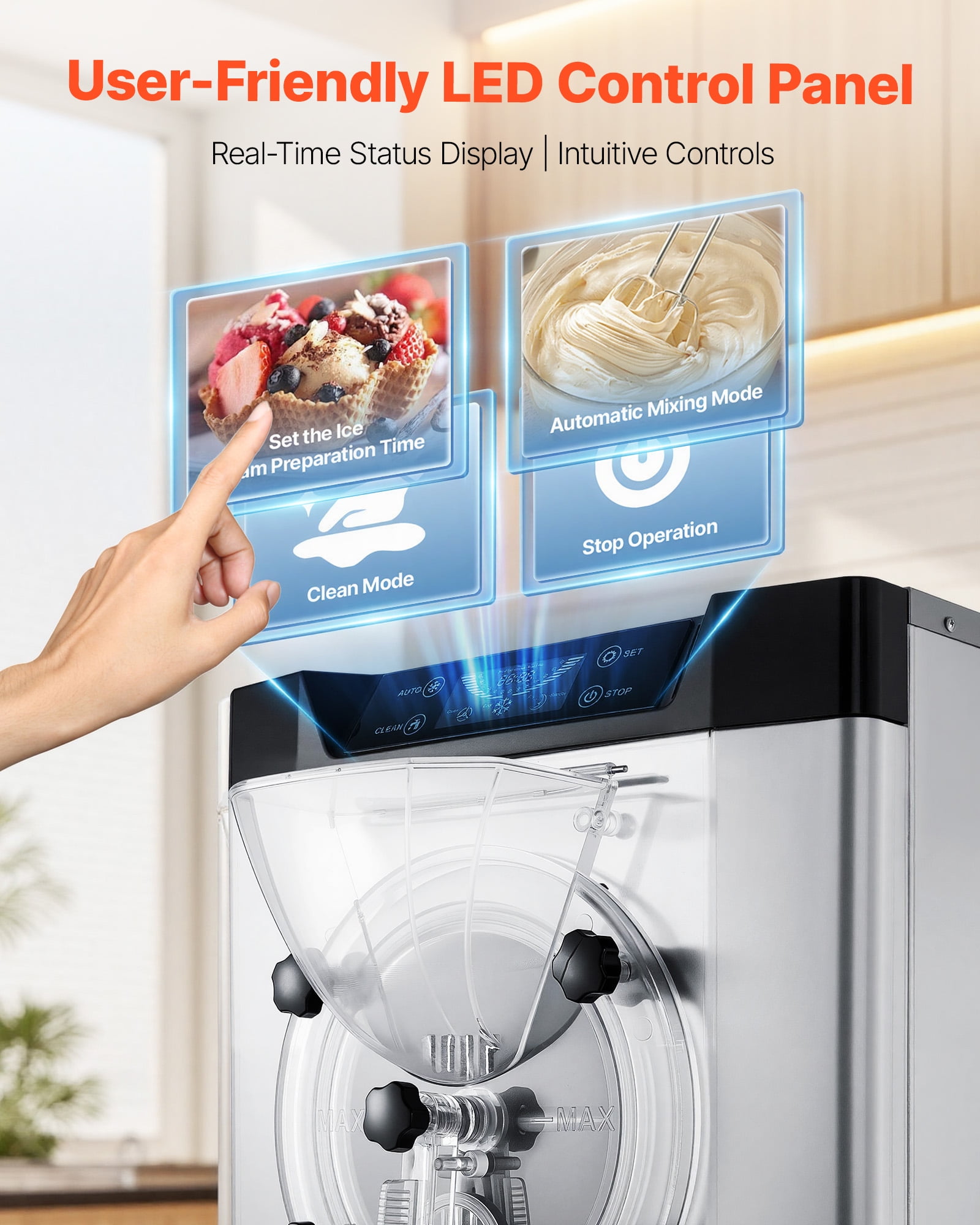 VEVOR Commercial Hard Ice Cream Machine, 2000W 3.17-5.28 Gal/Hour, Countertop Gelato Hard Serve Ice Cream Maker with 6L 304 Stainless Steel Cylinder, Auto Clean LED Panel for Snack Bar Restaurants