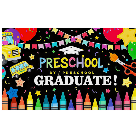 Colorful Preschool Graduation Themed Banner with School Bus Crayons and Party Elements Backdrop Decorations for Preschool Graduation Parties Photography Props Celebration Decor Party Supplies