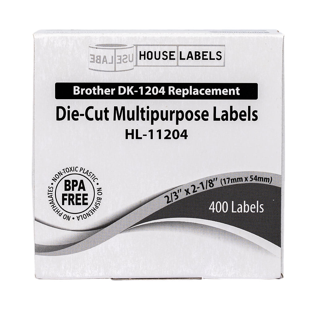 HOUSELABELS Compatible with DK-1204 Replacement Roll for Brother QL Label Printers; 400 Multipurpose Labels; 2/3" x 2-1/8" (17mm*54mm) with 1 REUSABLE CARTRIDGE - 12 Rolls