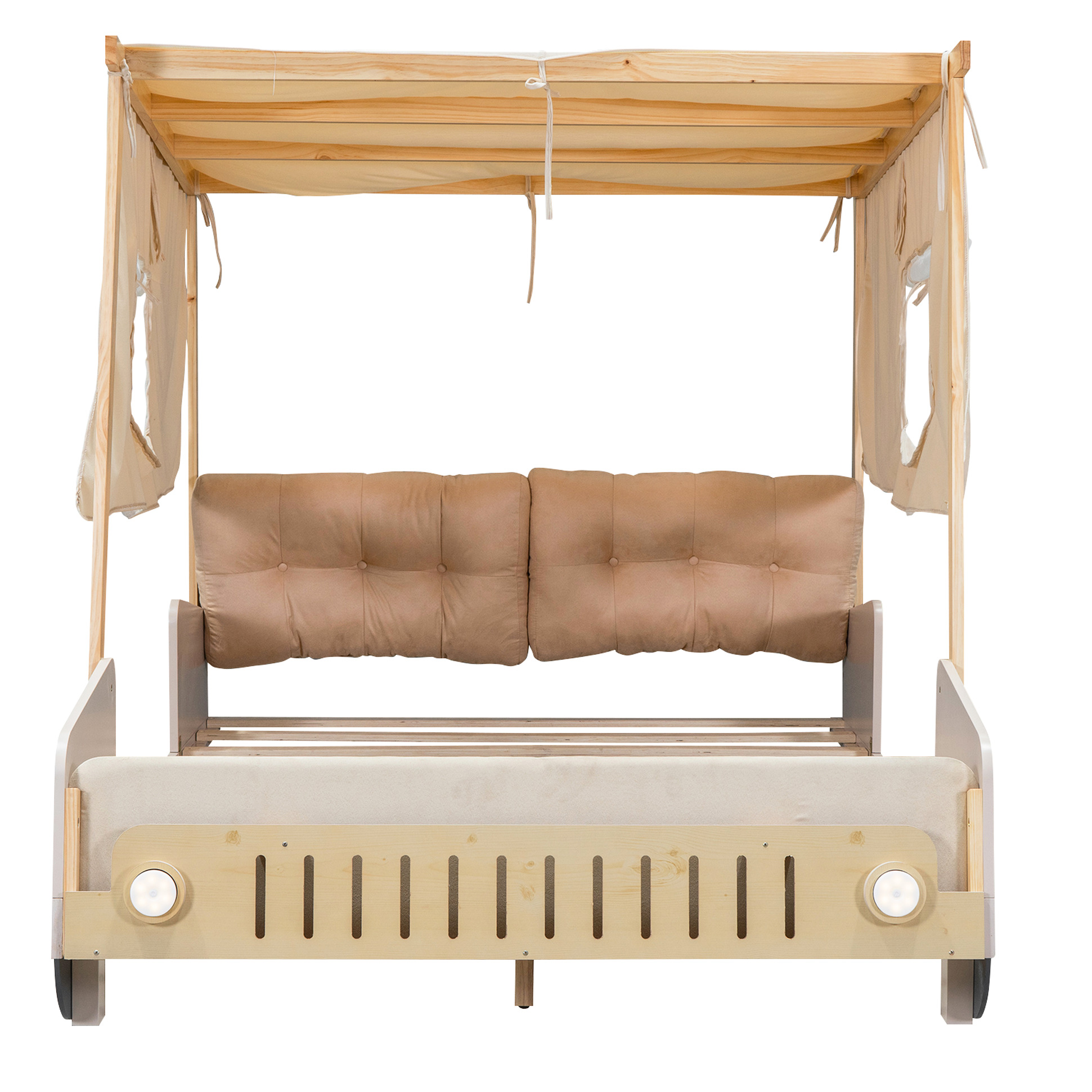 Natural Wood Full Bed With Car Shape Led, Pillow & Magazine Slot Comfort Pillow, Flannel Cloth Led