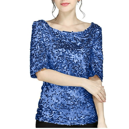 

T Shirts for Women Women S Spring And Summer Solid Color Sequin Round Neck Splicing Loose Casual T Shirt Short Sleeve Scrub Jackets Womens T ShirtsBlue XXL