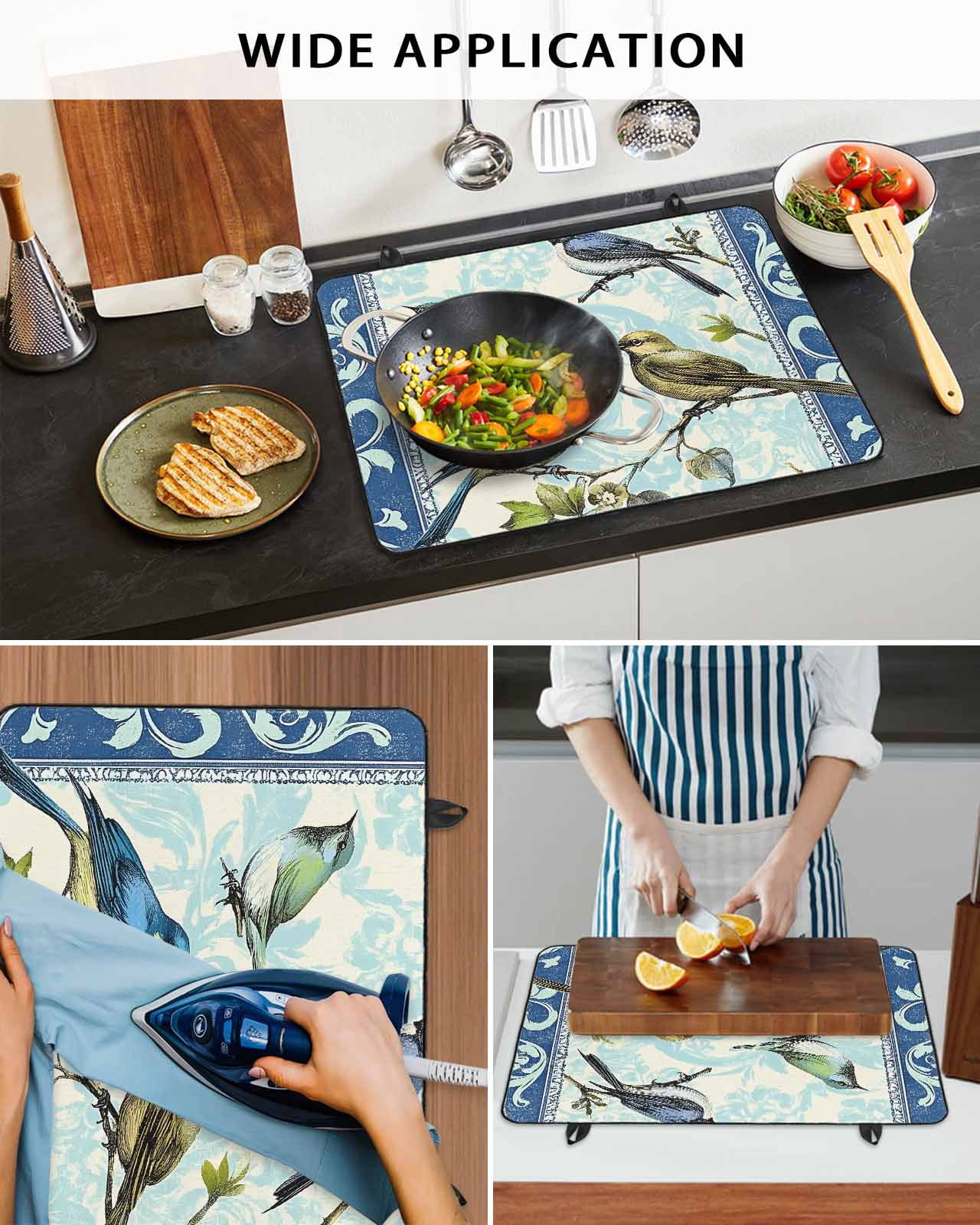 nqOlkjepod Large Induction Cooktop Protector Mat 31"x24", Vintage Birds Branches Stove Top Covers for Electric Stove, Retro Floral Pattern Decorative Stove Burner Cover Mats, Glass Top Stove Cover