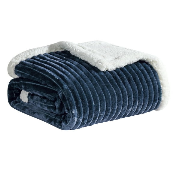 Plazatex Soft Plush Corduroy Sherpa Lined Oversized All Season Comfort for Bedroom or Lounging Blankets - Queen 90x90", Navy