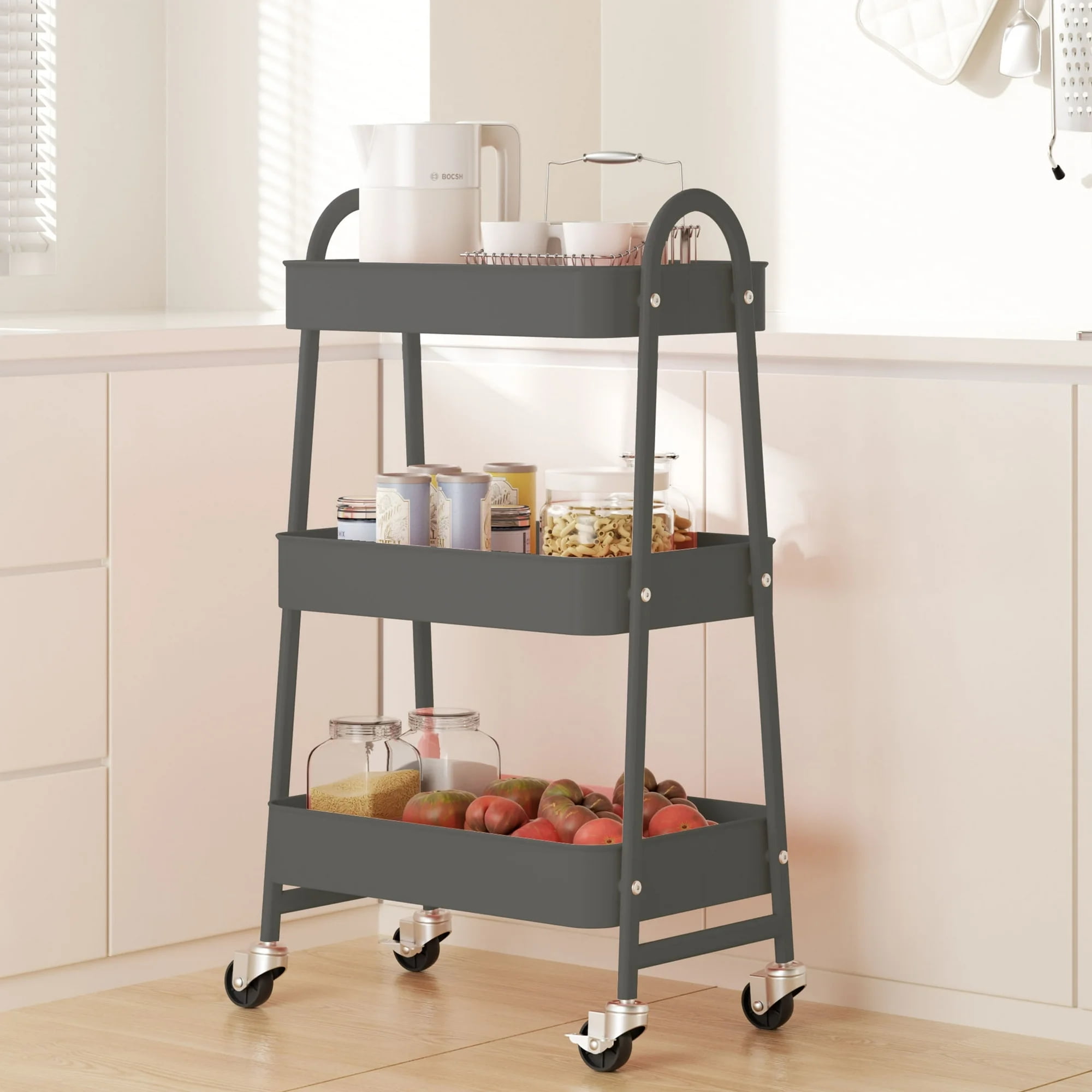 GIANNA 3 Tier Rolling Cart Organizer, Plastic Rolling Cart with Lockable Wheels & Reinforced Handle, Lightweight Utility Cart Storage Cart for Nursery, Kitchen, Bathroom, Craft Room