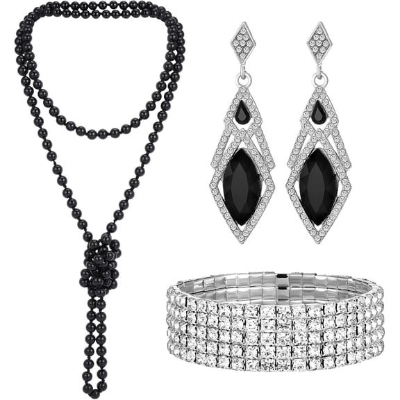 Terandius Black Silver Faux Pearl 3 Pcs Jewelry Set, 1920s Party, 59 Inch Long Strand Necklace, Rhinestone Dangle Earrings, Stretch Bracelet for Women, Halloween