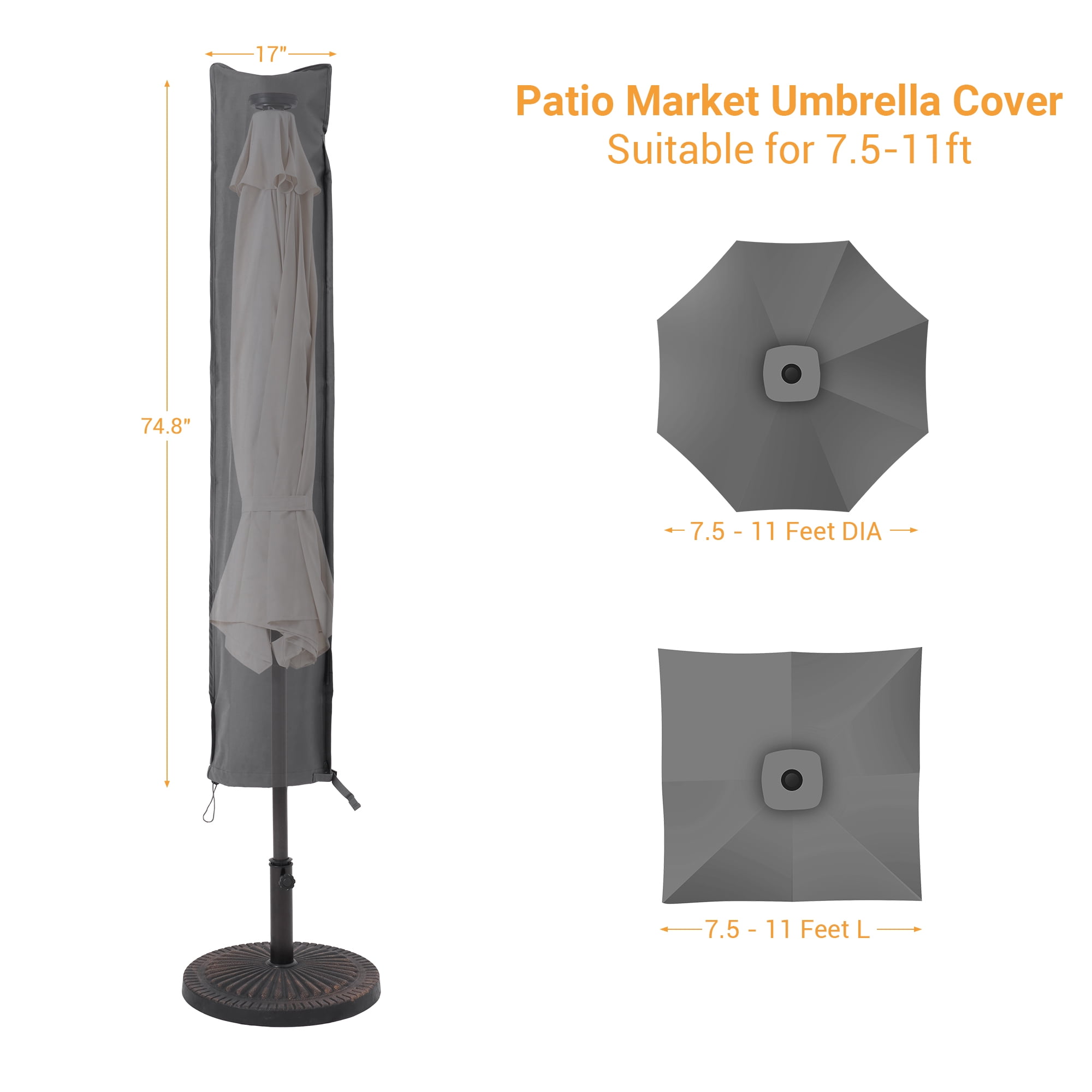 ACEGOSES Patio Market Table Umbrella Covers Zippered Waterproof Outdoor Parasol Deck Umbrella Cover, Fit for 7.5–11 Feet,Gray