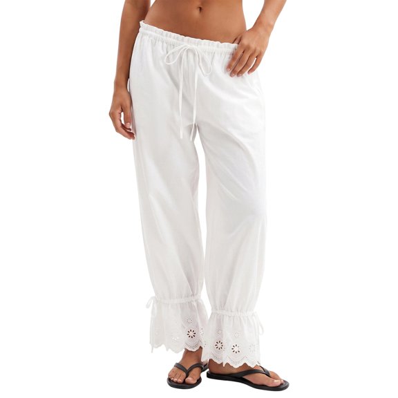LMLYSoH Women Bloomer Pants Drawstring Waist Eyelet Lace Cuff Cozy Harem Trousers