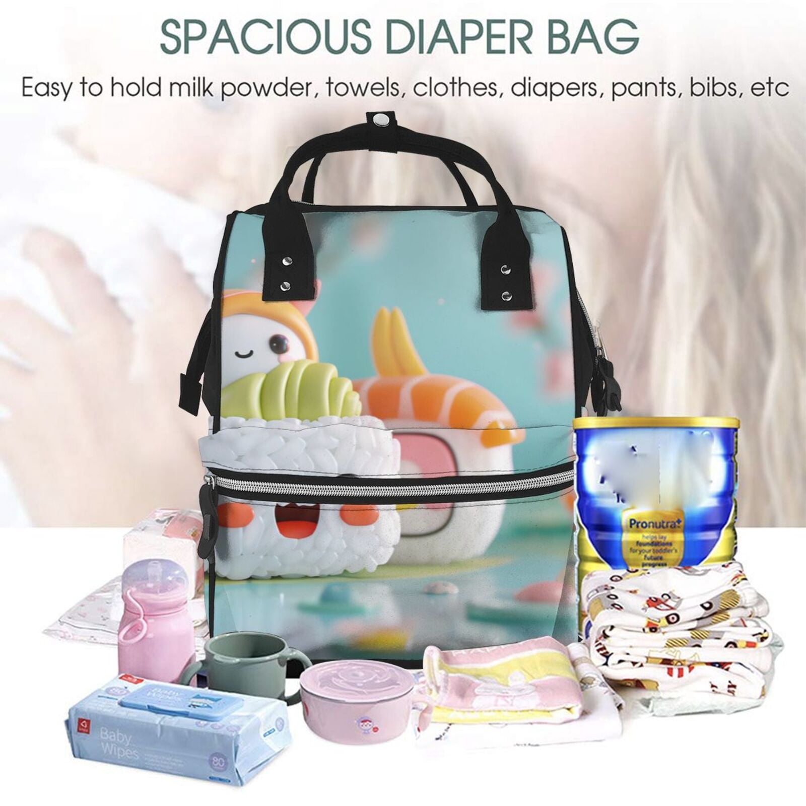 Fuzoiu Kawaii Sushi Characters Delight Print Diaper Bag Backpack,Baby Essentials Travel Tote,Multi function Waterproof Diaper Bag, Travel Essentials Baby Bag - Unisex