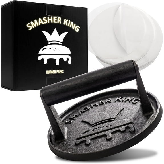 ™ - Premium Cast Iron Smash Burger Press incl. 25 pcs of Patty Paper, Burger Smasher for Griddle with Black Wood Handle, Perfect Hamburger Press