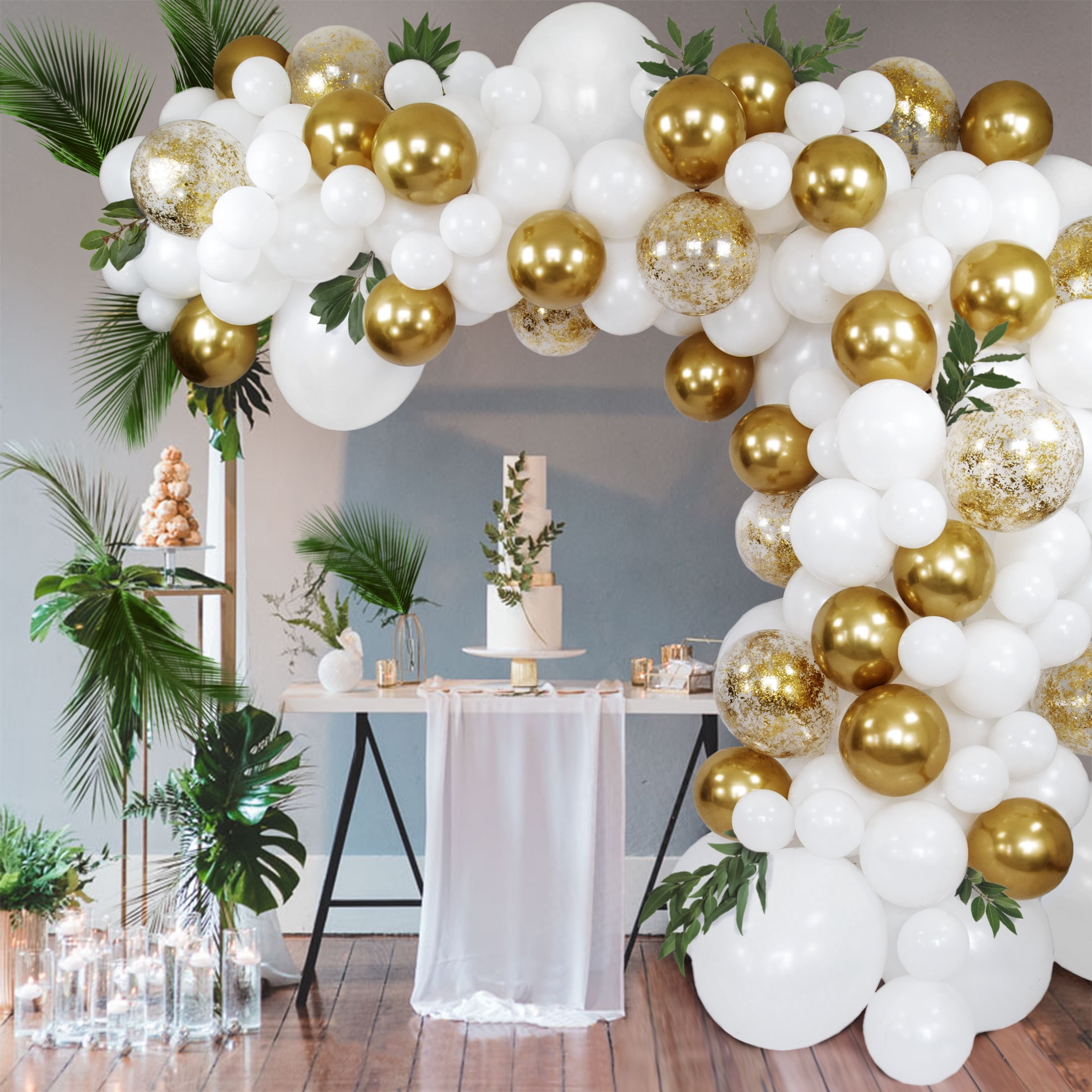 Balloon Arch Garland Kit | 150 Balloons | White and Gold Balloons, Gold Chrome and Confetti Balloons | Graduation Party, Bridal \u0026 Baby Showers, Weddings