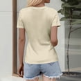 thumbnail image 3 of Women V Neck Ribbed Fitted Tight Tshirt Short Sleeve Shirt Basic Knit Top Beige S, 3 of 5