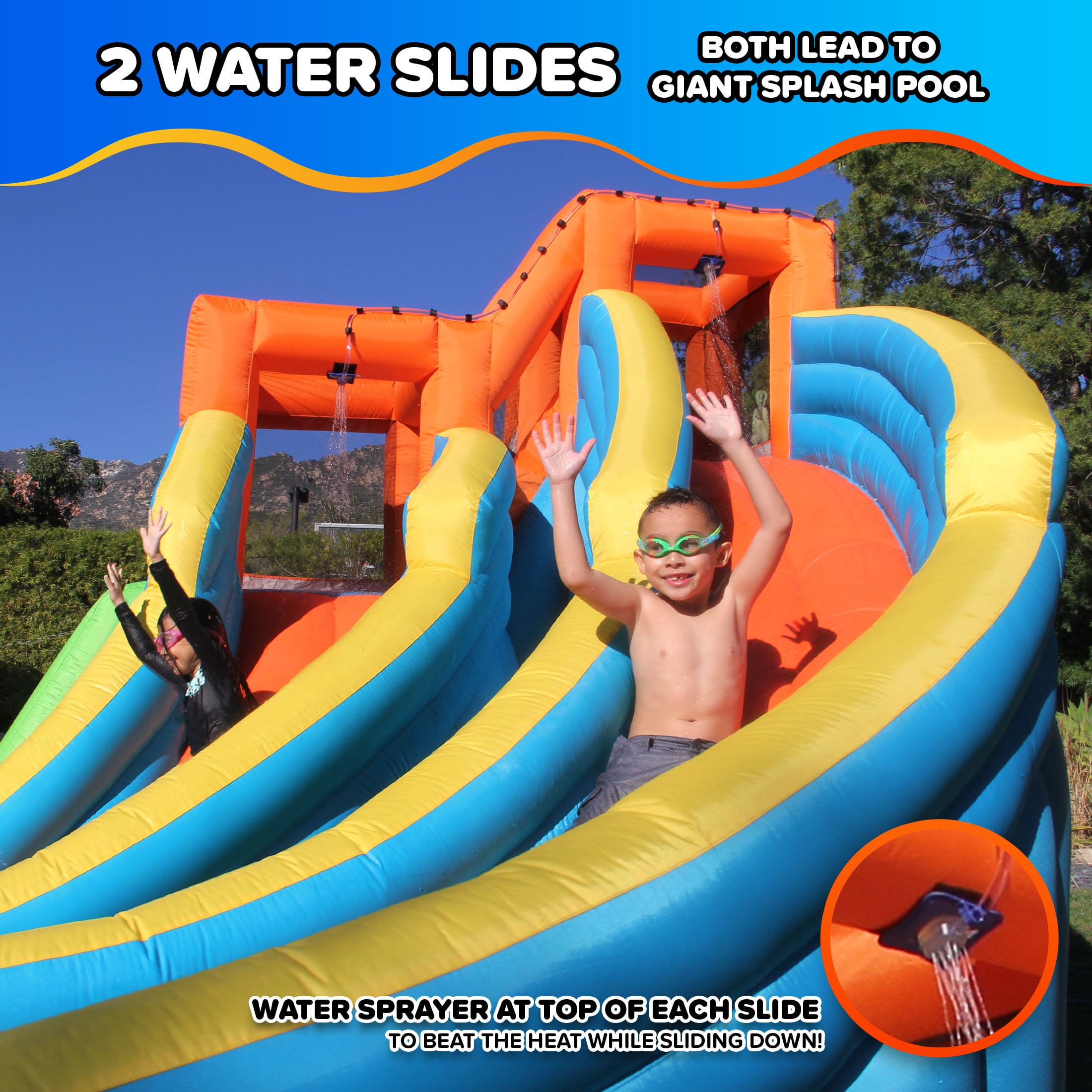 Sportspower Twin Peaks Inflatable Water Slide with Splash Pool and Blower, Kids Backyard Outdoor Play Bounce House Water Park, GFCI Plug, Ages 3–8