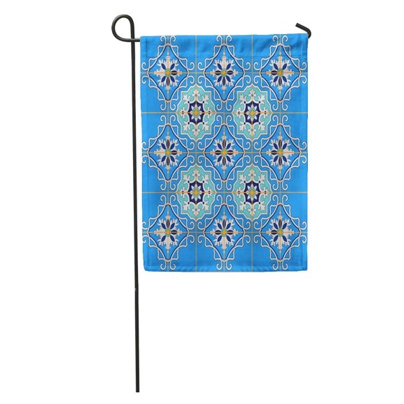POGLIP Ceramic Gorgeous Patchwork Pattern from Blue Moroccan Tiles Ornaments Fills Spanish Garden Flag Decorative Flag House Banner 12x18 inch