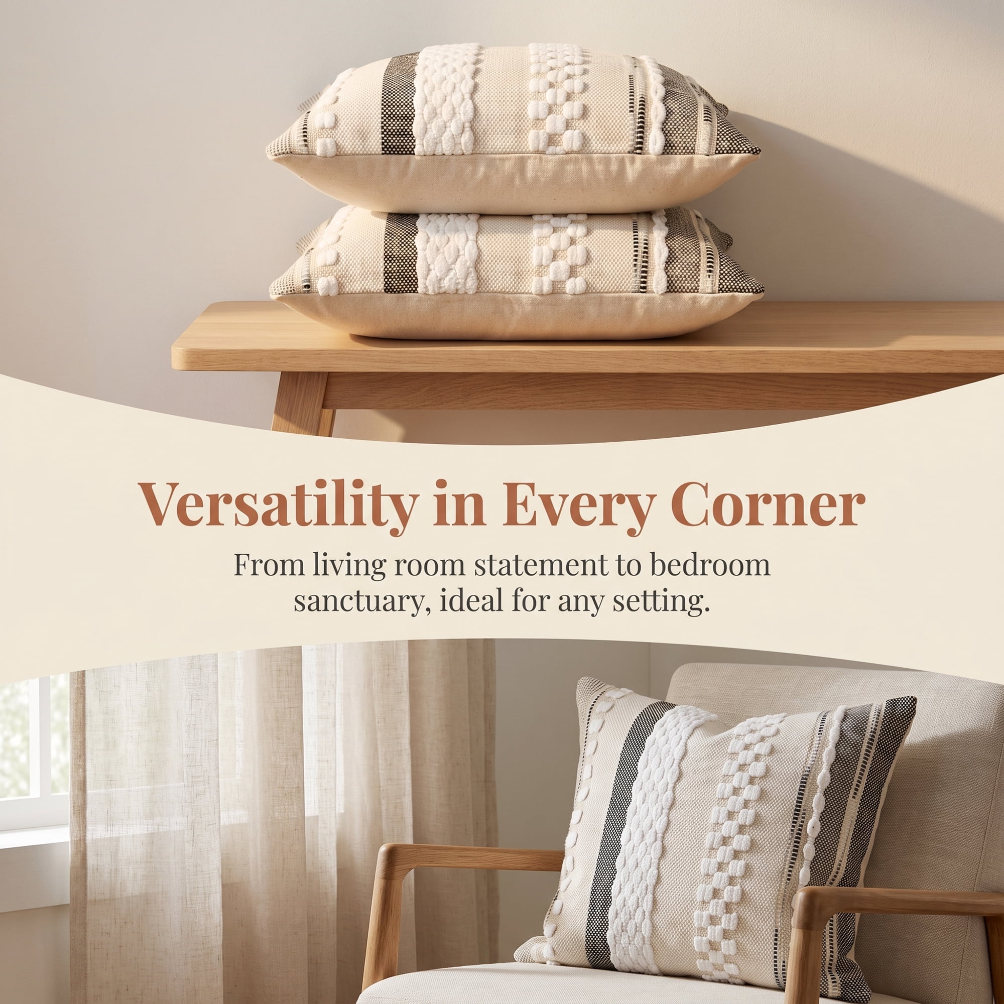 Unique Bargains 3D Chenille Tufted Pillow Cover Grid Stripe Cushion Case Beige 18"x18"